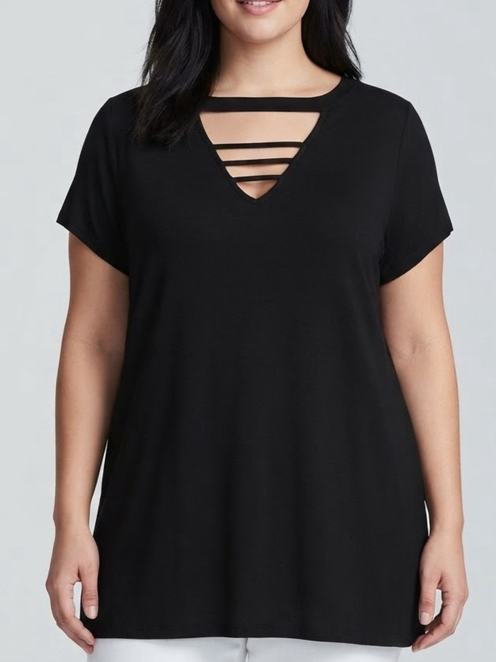 LOVE & LEGEND Black V-Neck Short Sleeve T-Shirt with Strappy Detail